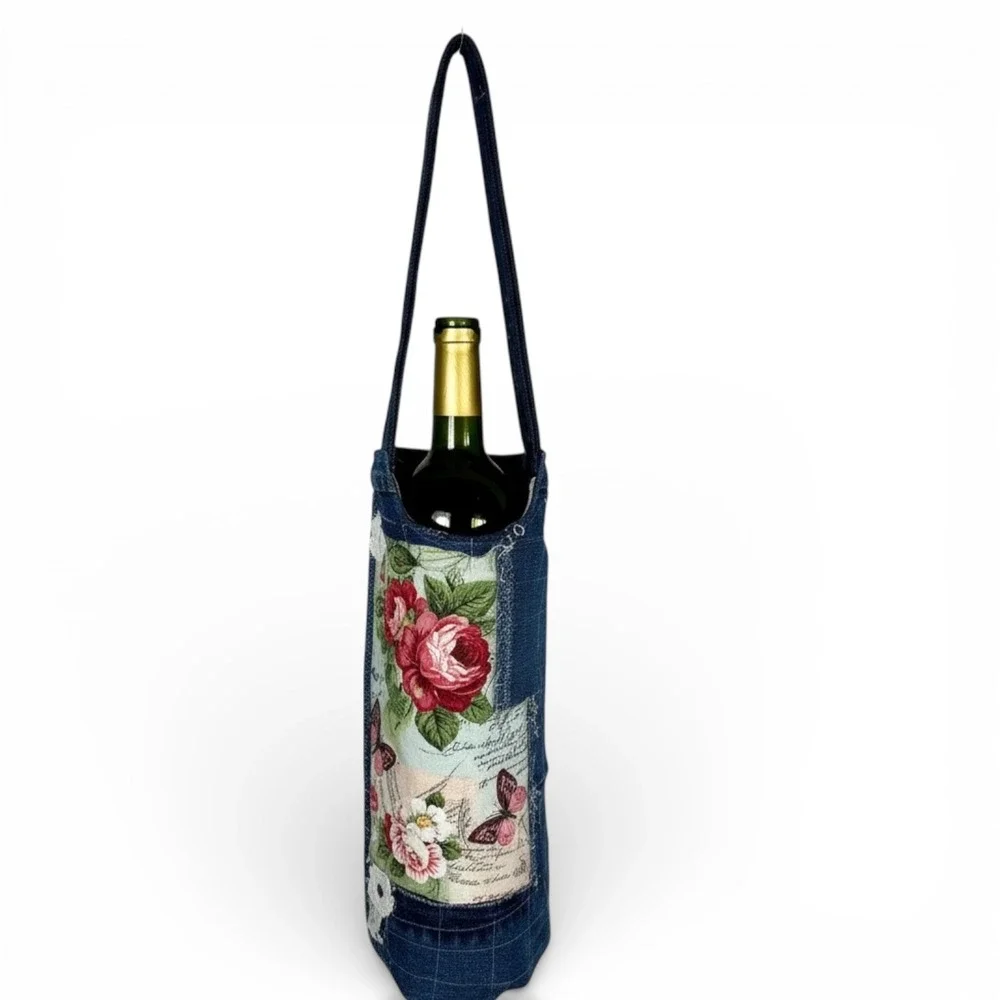 Handmade Denim Wine Tote Bag Floral Patchwork White‎ Lace Embellished